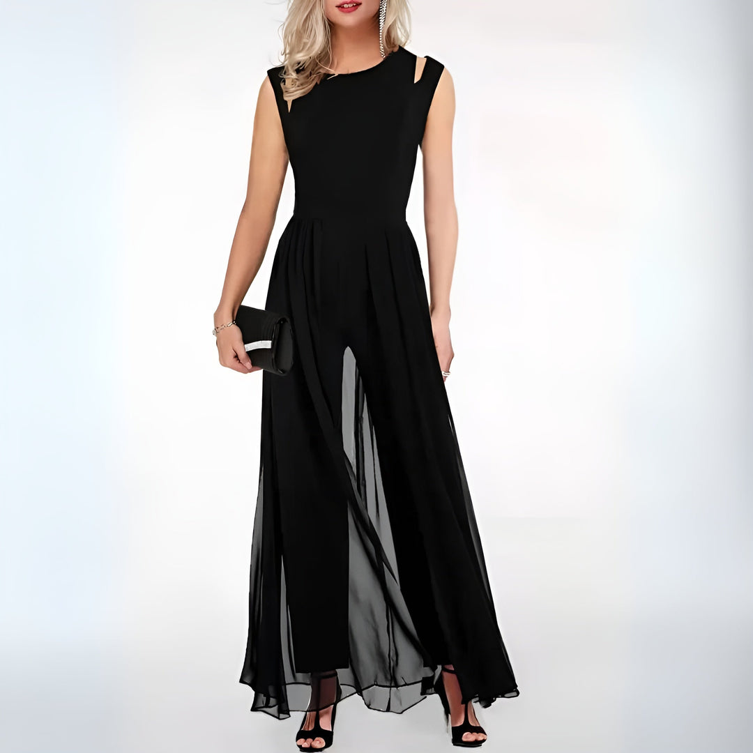 "Ärmelloser Damen Jumpsuit, weite Beine, sommerlich, fließender Stoff, elegantes Design für warme Tage und Abende."