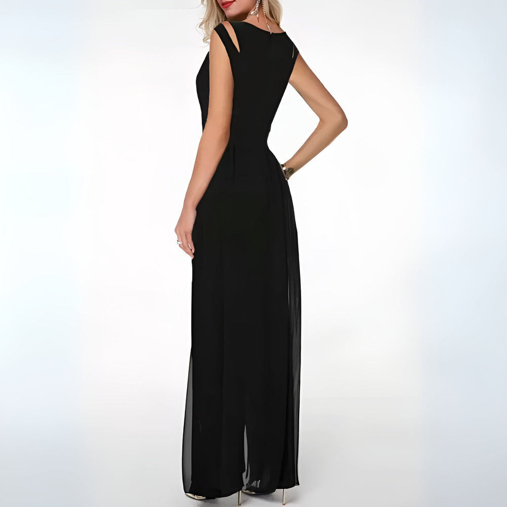 "Ärmelloser Damen Jumpsuit, weite Beine, sommerlich, fließender Stoff, elegantes Design für warme Tage und Abende."