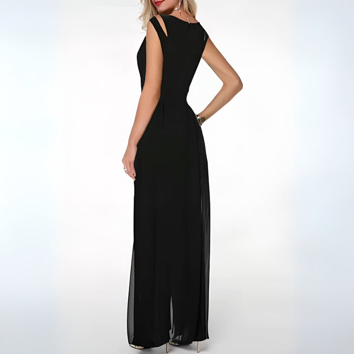 "Ärmelloser Damen Jumpsuit, weite Beine, sommerlich, fließender Stoff, elegantes Design für warme Tage und Abende."