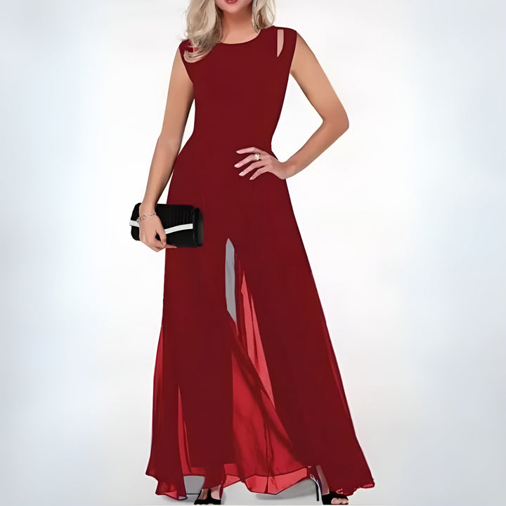 "Ärmelloser Damen Jumpsuit, weite Beine, sommerlich, fließender Stoff, elegantes Design für warme Tage und Abende."