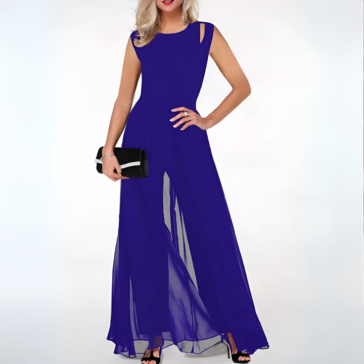 "Ärmelloser Damen Jumpsuit, weite Beine, sommerlich, fließender Stoff, elegantes Design für warme Tage und Abende."