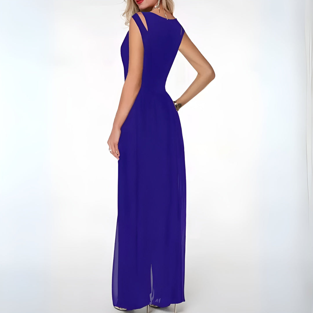 "Ärmelloser Damen Jumpsuit, weite Beine, sommerlich, fließender Stoff, elegantes Design für warme Tage und Abende."