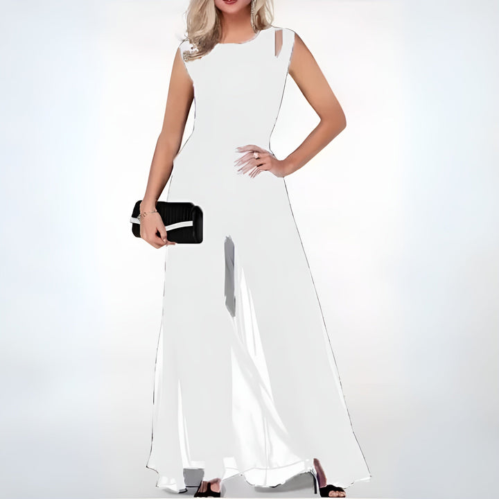 "Ärmelloser Damen Jumpsuit, weite Beine, sommerlich, fließender Stoff, elegantes Design für warme Tage und Abende."