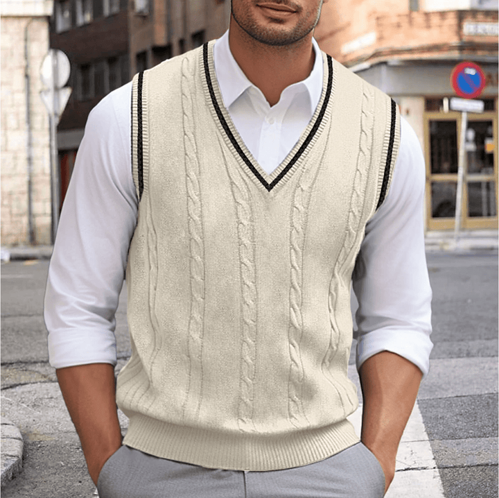 Ärmelloser V-Pullover für Herren, zeitlos elegant, vielseitig, in Beige, Blau, Dunkelblau, Dunkelgrau, Hellgrau.