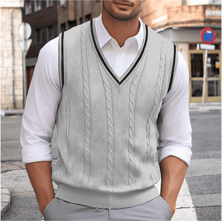 Ärmelloser V-Pullover für Herren, zeitlos elegant, vielseitig, in Beige, Blau, Dunkelblau, Dunkelgrau, Hellgrau.