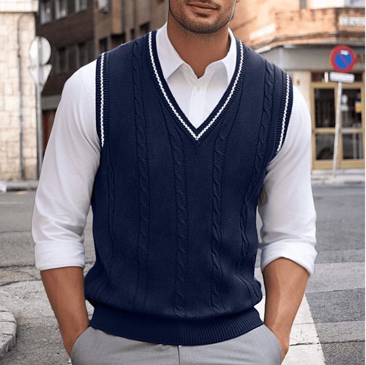 Ärmelloser V-Pullover für Herren, zeitlos elegant, vielseitig, in Beige, Blau, Dunkelblau, Dunkelgrau, Hellgrau.