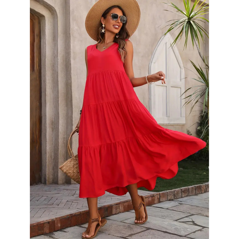 Ärmelloses Midi-Sommerkleid Damen, elegant, leicht, luftige Silhouette, ideal für warme Tage, vielseitig, modisch.