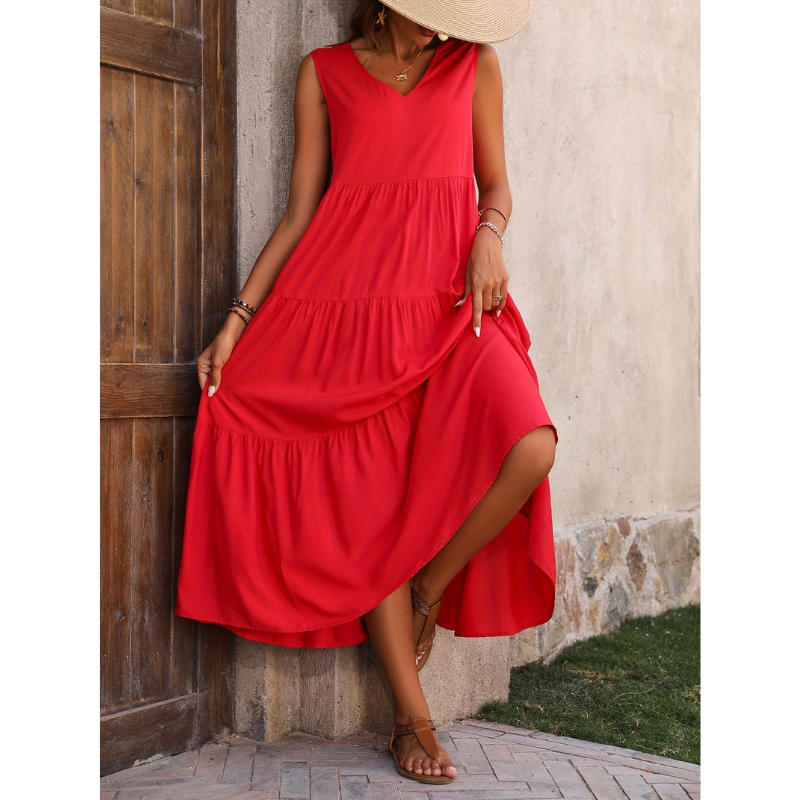Ärmelloses Midi-Sommerkleid Damen, elegant, leicht, luftige Silhouette, ideal für warme Tage, vielseitig, modisch.