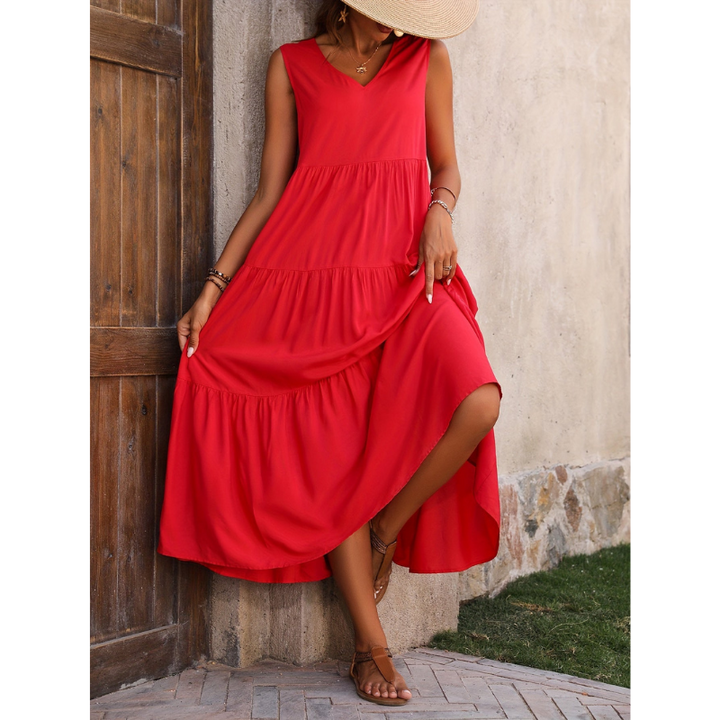 Ärmelloses Midi-Sommerkleid Damen, elegant, leicht, luftige Silhouette, ideal für warme Tage, vielseitig, modisch.