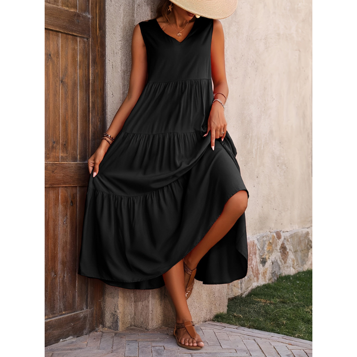 Ärmelloses Midi-Sommerkleid Damen, elegant, leicht, luftige Silhouette, ideal für warme Tage, vielseitig, modisch.
