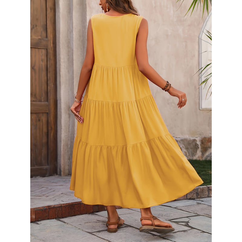 Ärmelloses Midi-Sommerkleid Damen, elegant, leicht, luftige Silhouette, ideal für warme Tage, vielseitig, modisch.