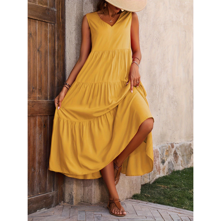 Ärmelloses Midi-Sommerkleid Damen, elegant, leicht, luftige Silhouette, ideal für warme Tage, vielseitig, modisch.