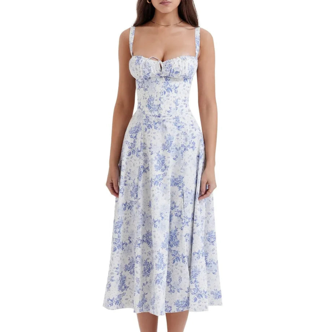 Ärmelloses Sommerkleid mit Sweetheart-Ausschnitt, eleganter Midi-Schnitt, tailliertes Design für feminine Silhouette.
