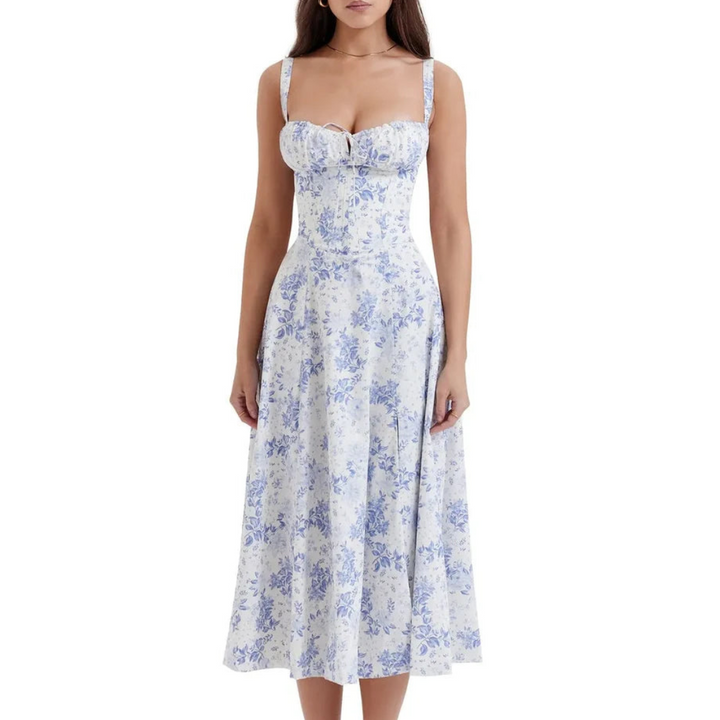 Ärmelloses Sommerkleid mit Sweetheart-Ausschnitt, eleganter Midi-Schnitt, tailliertes Design für feminine Silhouette.