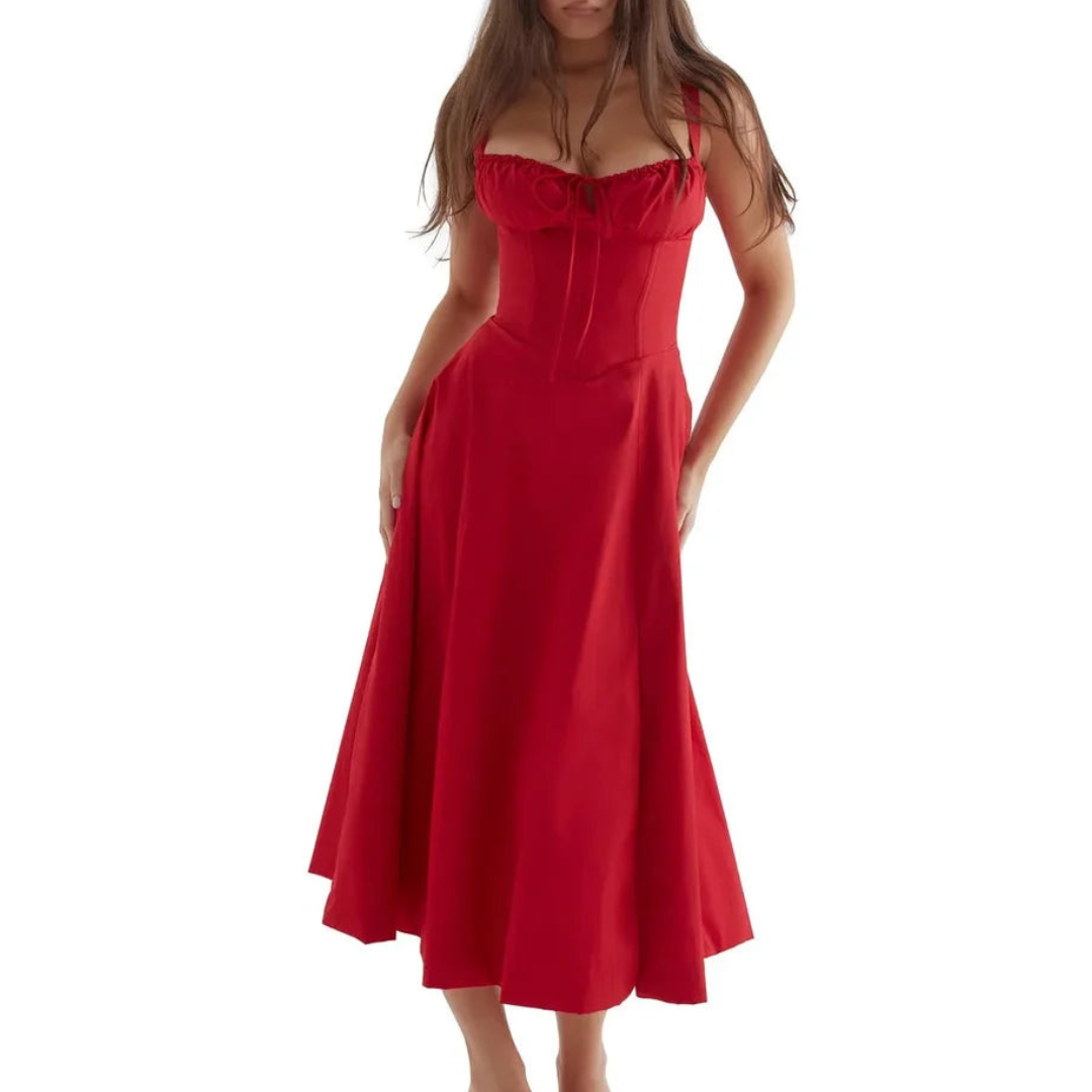 Ärmelloses Sommerkleid mit Sweetheart-Ausschnitt, eleganter Midi-Schnitt, tailliertes Design für feminine Silhouette.