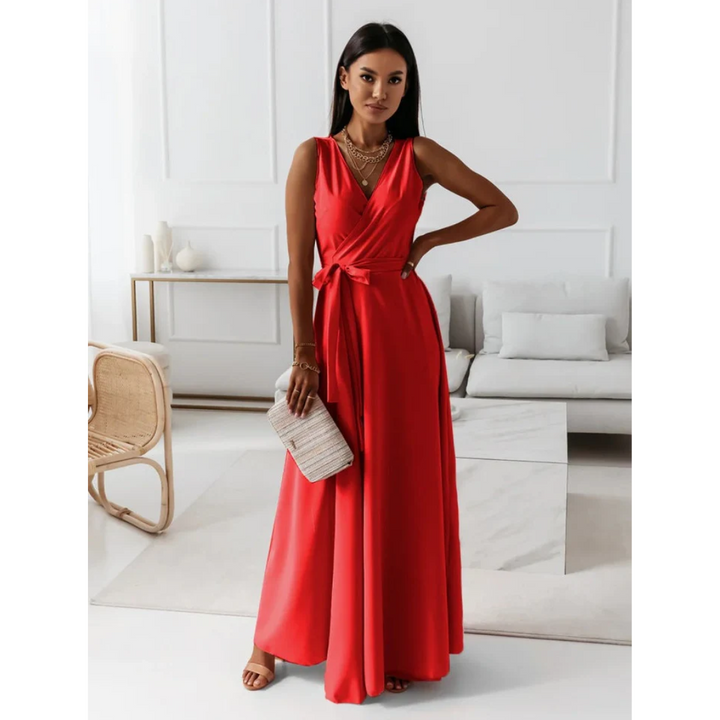 Ärmelloses Wickelkleid Damen, V-Ausschnitt, Maxi-Länge, fließender Stoff, elegantes Design, ideal für jeden Anlass.