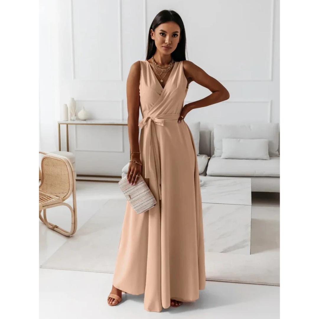 Ärmelloses Wickelkleid Damen, V-Ausschnitt, Maxi-Länge, fließender Stoff, elegantes Design, ideal für jeden Anlass.