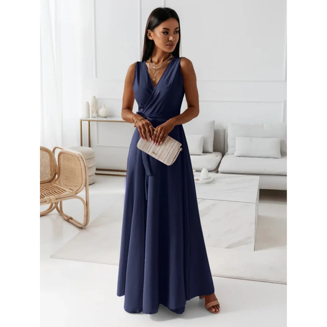 Ärmelloses Wickelkleid Damen, V-Ausschnitt, Maxi-Länge, fließender Stoff, elegantes Design, ideal für jeden Anlass.