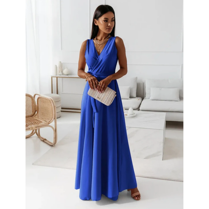 Ärmelloses Wickelkleid Damen, V-Ausschnitt, Maxi-Länge, fließender Stoff, elegantes Design, ideal für jeden Anlass.