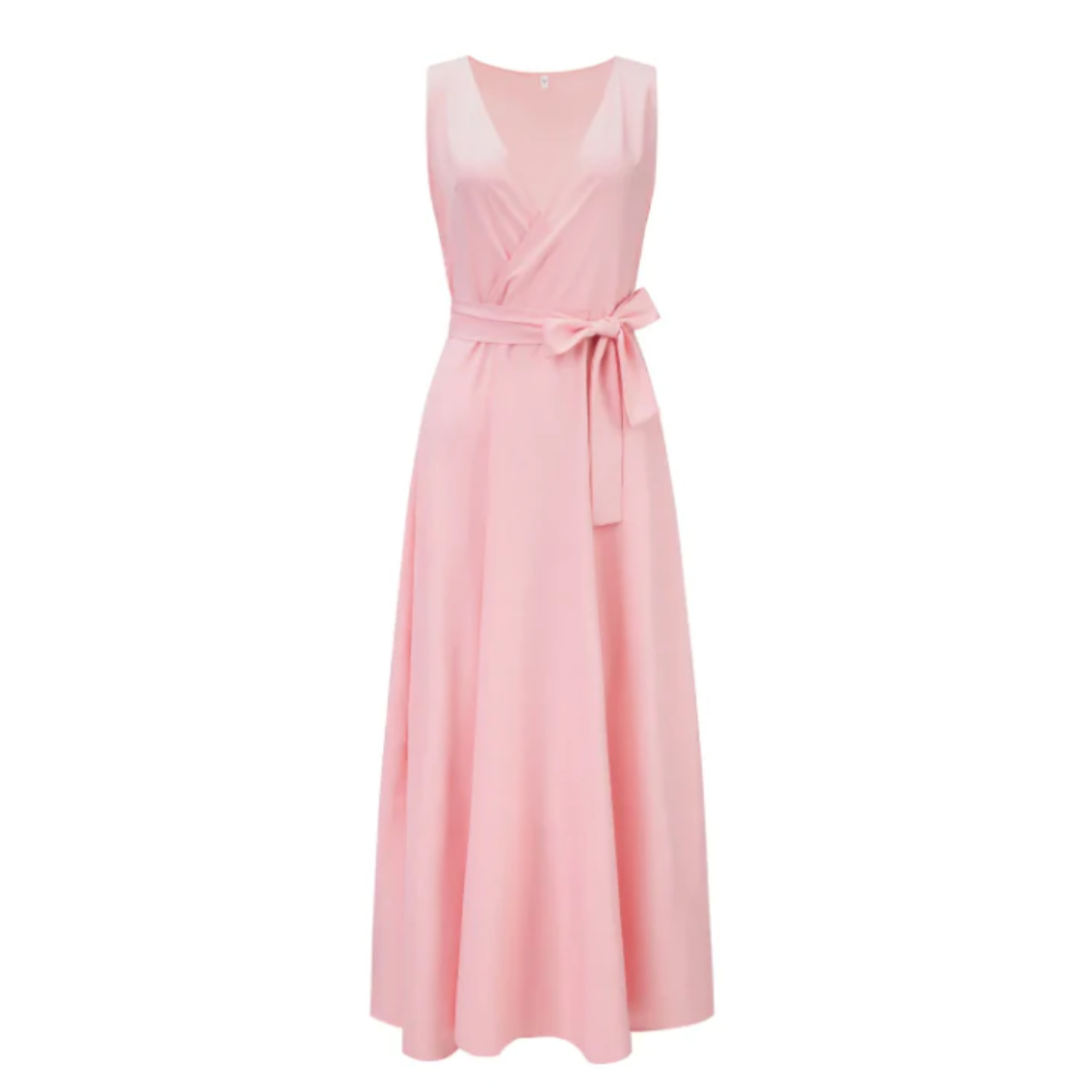 Ärmelloses Wickelkleid Damen, V-Ausschnitt, Maxi-Länge, fließender Stoff, elegantes Design, ideal für jeden Anlass.