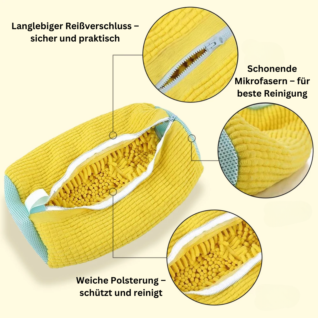 "Atmungsaktive Schuhreinigungstasche für Waschmaschine, schützt und pflegt verschiedene Schuharten, robust und sicher."