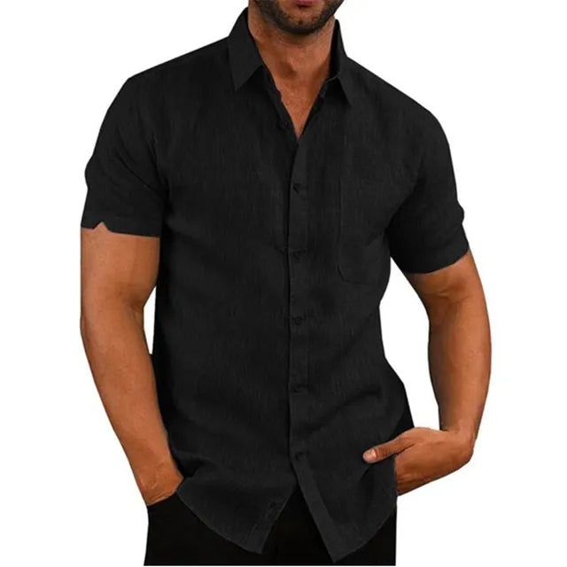 Atmungsaktives, elegantes Herren-Leinenhemd für Sommer, kurzärmelig, schlichter Kragen, vielseitig kombinierbar.