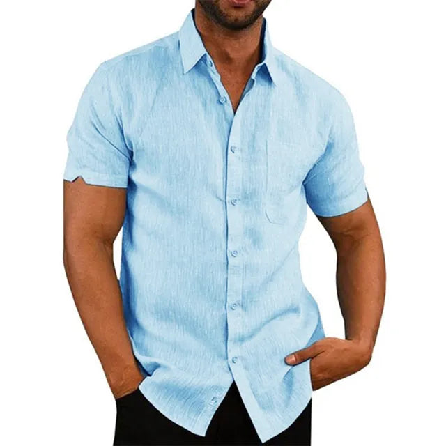 Atmungsaktives, elegantes Herren-Leinenhemd für Sommer, kurzärmelig, schlichter Kragen, vielseitig kombinierbar.