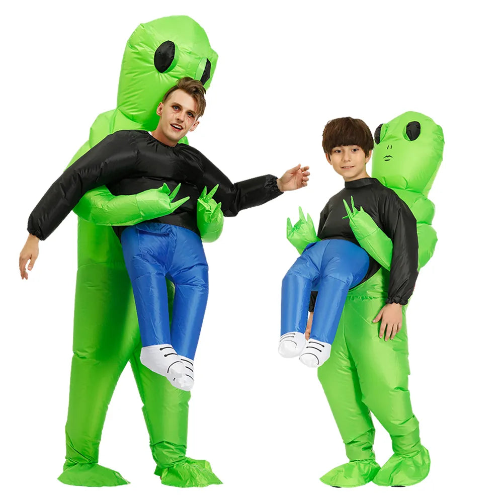 Aufblasbares, grünes Alien-Kostüm für Kinder und Erwachsene, zwei Größen, lustige Optik, ideal für Partys.