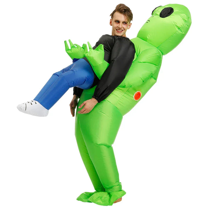 "Aufblasbares grünes Alien-Kostüm, passend für Kinder & Erwachsene; ideal für Partys, einfach ohne Pumpe aufzublasen."