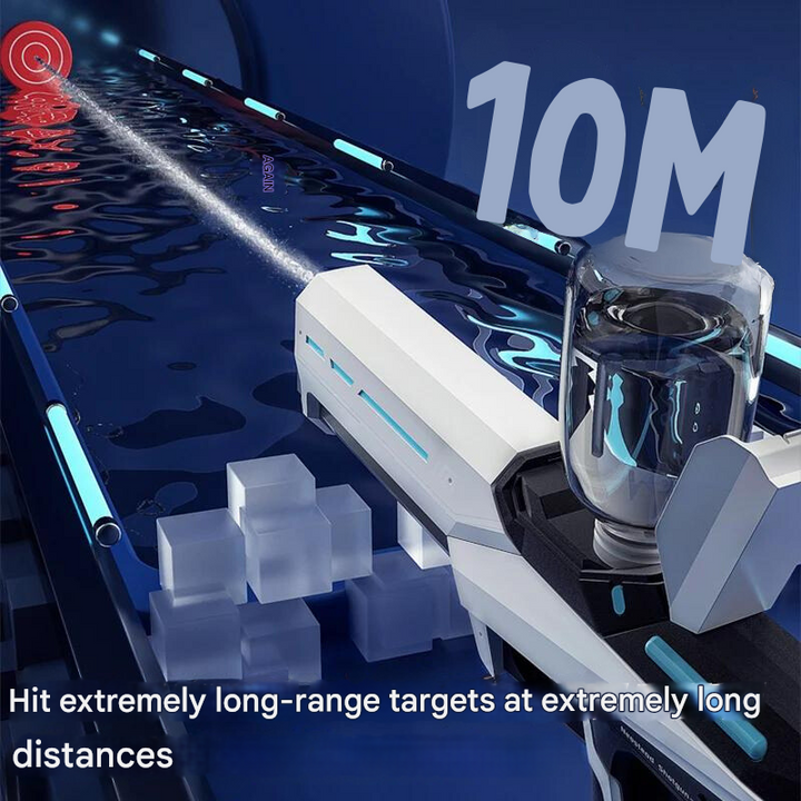 "Automatische Wasserpistole mit 1L Tank, 10m Reichweite, stilvolles Design, ideal für Sommer-Wasserschlachten im Freien."