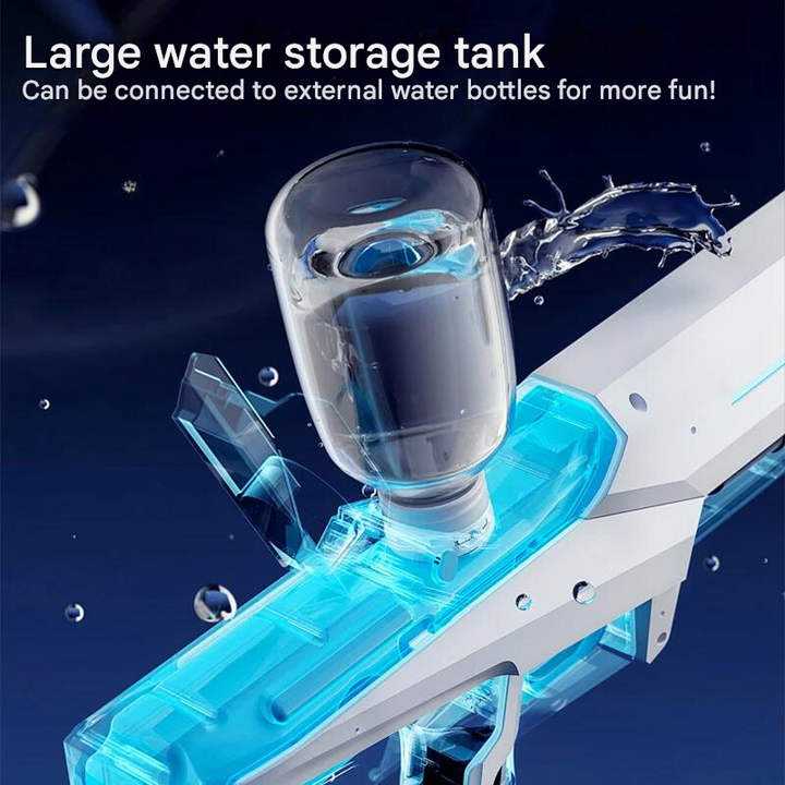 "Automatische Wasserpistole mit 1L Tank, 10m Reichweite, stilvolles Design, ideal für Sommer-Wasserschlachten im Freien."