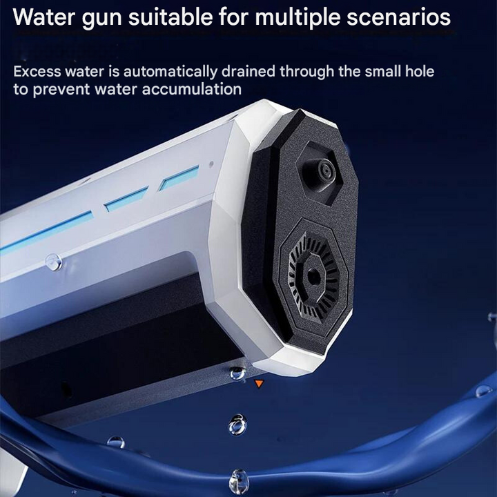 "Automatische Wasserpistole mit 1L Tank, 10m Reichweite, stilvolles Design, ideal für Sommer-Wasserschlachten im Freien."