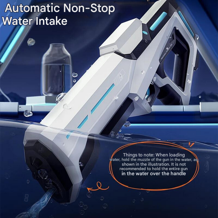 "Automatische Wasserpistole mit 1L Tank, 10m Reichweite, stilvolles Design, ideal für Sommer-Wasserschlachten im Freien."