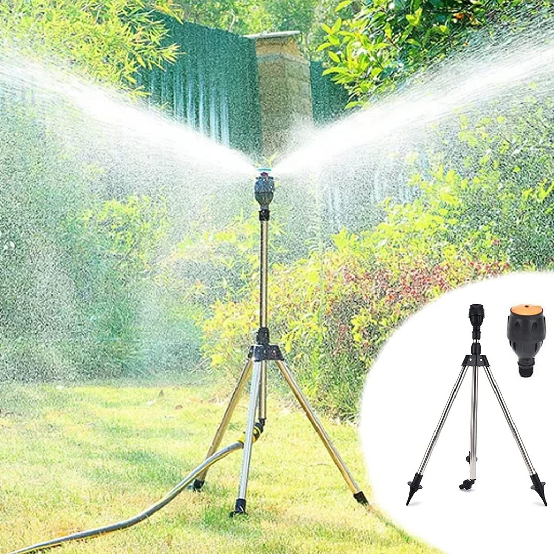 "Automatischer Gartensprinkler mit rotierendem Kopf und einziehbarem Stativ auf grüner Rasenfläche, Gartenbewässerung"