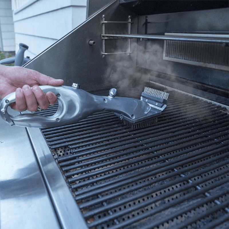 "BBQ Dampfreiniger Bürste aus Edelstahl für effektive Grillreinigung ohne Chemikalien, mit ergonomischem Griff."