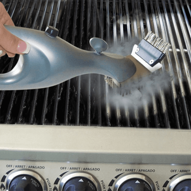"BBQ Dampfreiniger Bürste aus Edelstahl für effektive Grillreinigung ohne Chemikalien, mit ergonomischem Griff."