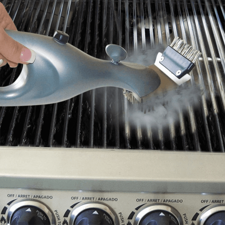 "BBQ Dampfreiniger Bürste aus Edelstahl für effektive Grillreinigung ohne Chemikalien, mit ergonomischem Griff."