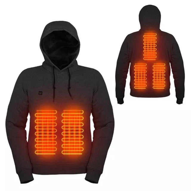 "Beheizter Unisex Hoodie für sofortige Wärme in Schwarz-Grau, ideal für Outdoor-Aktivitäten und kalte Tage."