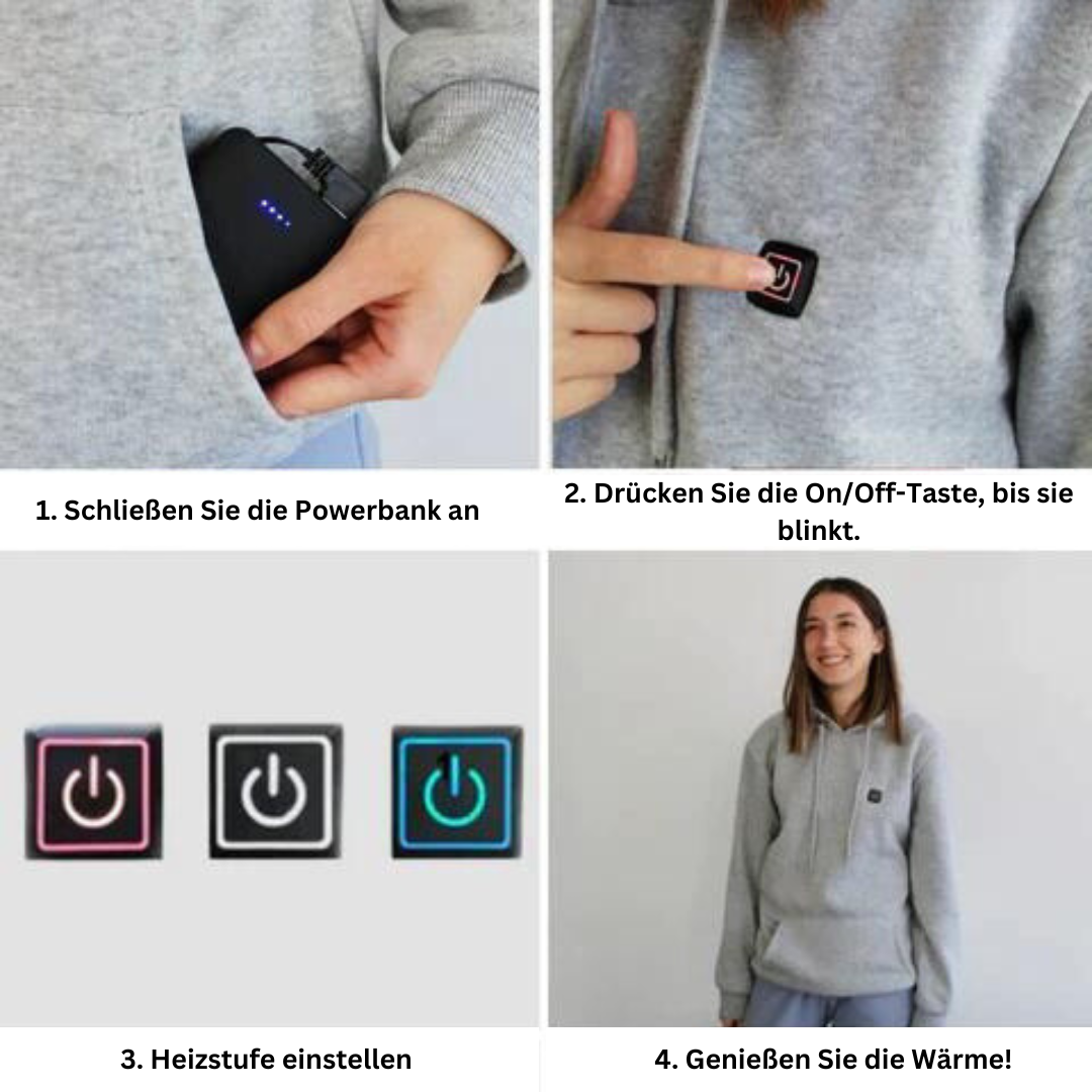 "Beheizter Unisex Hoodie für sofortige Wärme in Schwarz-Grau, ideal für Outdoor-Aktivitäten und kalte Tage."