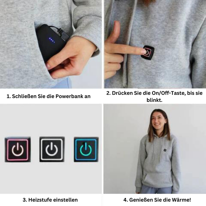 "Beheizter Unisex Hoodie für sofortige Wärme in Schwarz-Grau, ideal für Outdoor-Aktivitäten und kalte Tage."