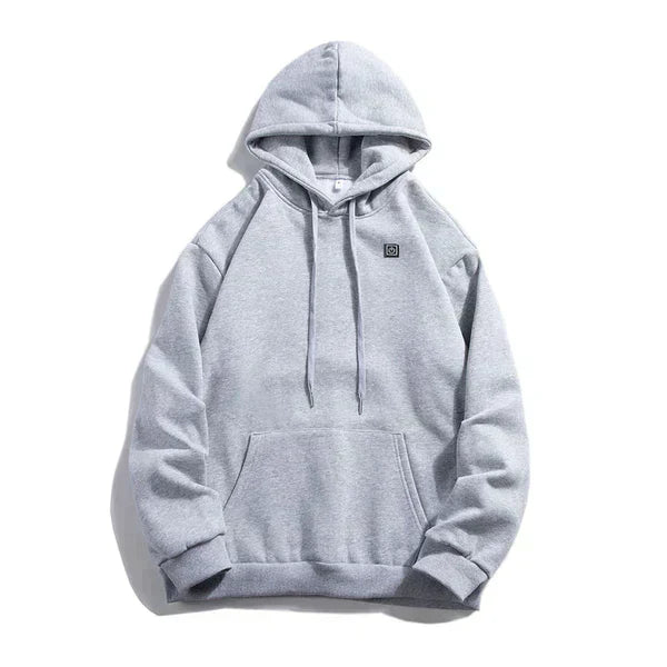 "Beheizter Unisex Hoodie für sofortige Wärme in Schwarz-Grau, ideal für Outdoor-Aktivitäten und kalte Tage."