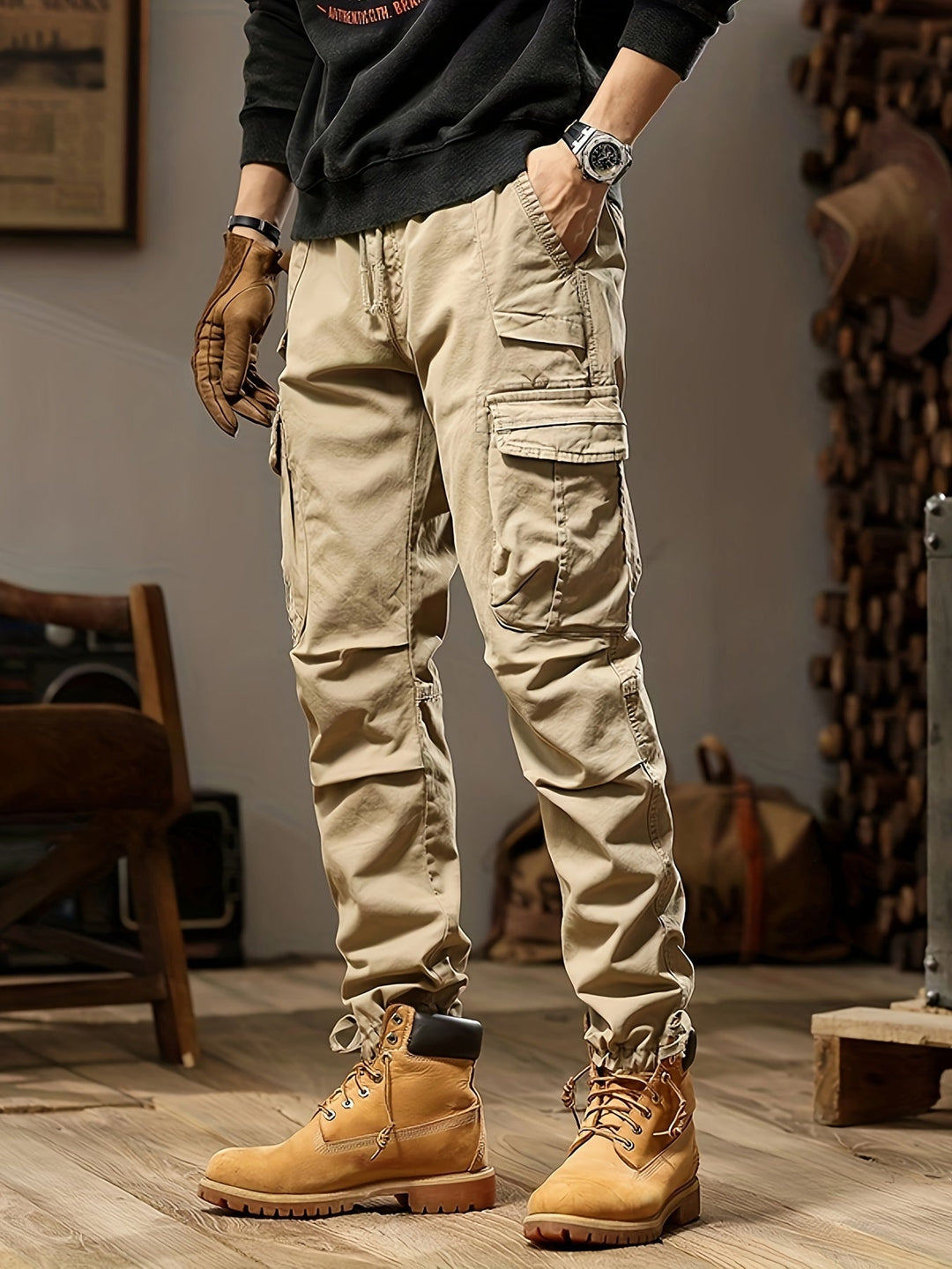 "Beigefarbene Herren Cargohose mit vielen Taschen, bequem und langlebig, ideal für Alltag und Outdoor-Aktivitäten."