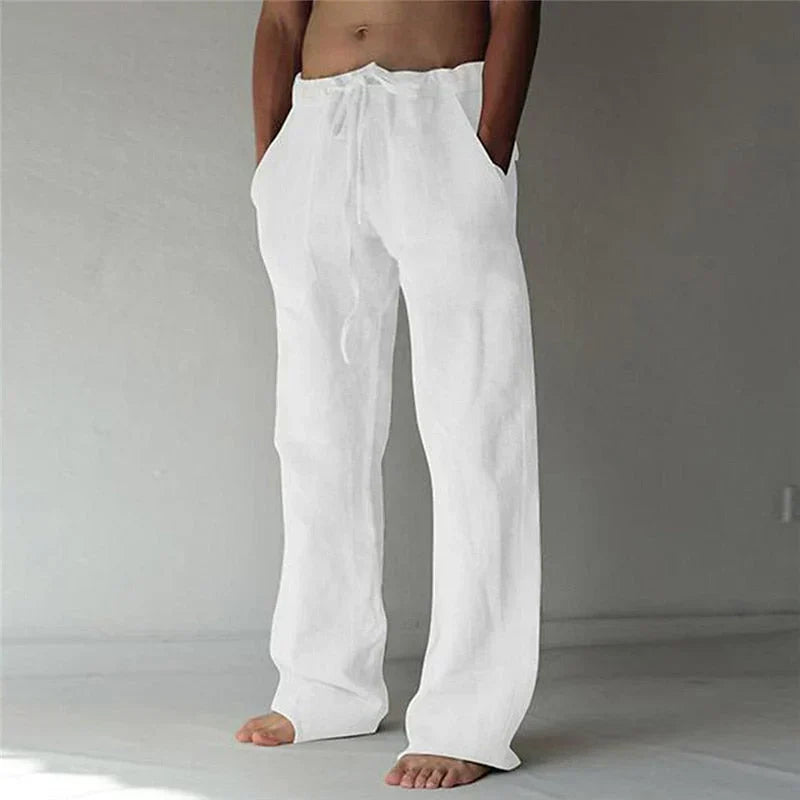 Bequeme Herren Leinenhose mit weitem Schnitt, Kordelzug und stilvollem Design für optimalen Komfort und Eleganz.