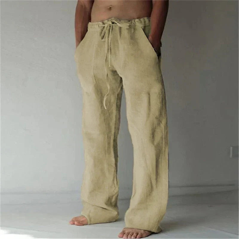 Bequeme Herren Leinenhose mit weitem Schnitt, Kordelzug und stilvollem Design für optimalen Komfort und Eleganz.