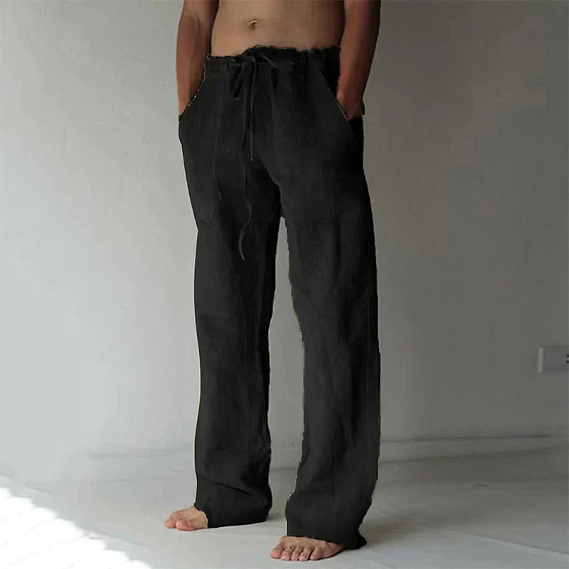 Bequeme Herren Leinenhose mit weitem Schnitt, Kordelzug und stilvollem Design für optimalen Komfort und Eleganz.