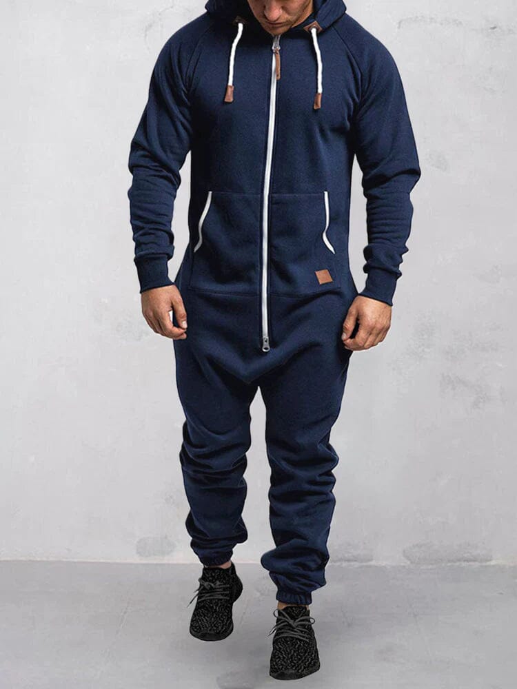 Bequemer Herren Jumpsuit mit Kapuze, lockere Passform, stilvolles Design, ideal für Freizeit und Entspannung.