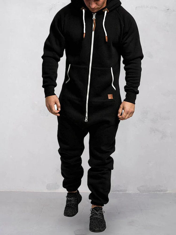 Bequemer Herren Jumpsuit mit Kapuze, lockere Passform, stilvolles Design, ideal für Freizeit und Entspannung.
