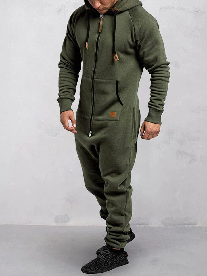 Bequemer Herren Jumpsuit mit Kapuze, lockere Passform, stilvolles Design, ideal für Freizeit und Entspannung.