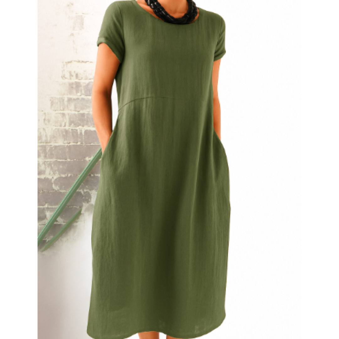 "Bequemes Damen-Midikleid mit kurzen Ärmeln, Rundhalsausschnitt, vielseitigem Stil, in verschiedenen Farben erhältlich."