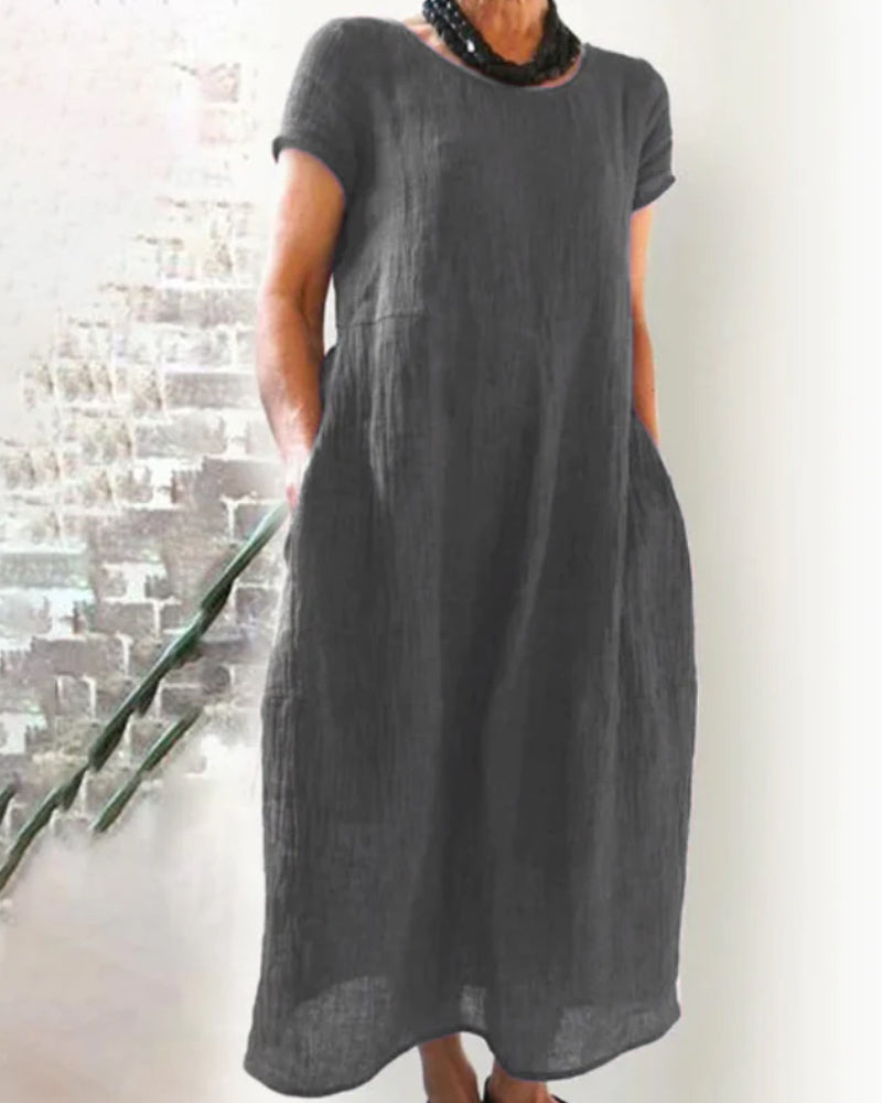 "Bequemes Damen-Midikleid mit kurzen Ärmeln, Rundhalsausschnitt, vielseitigem Stil, in verschiedenen Farben erhältlich."